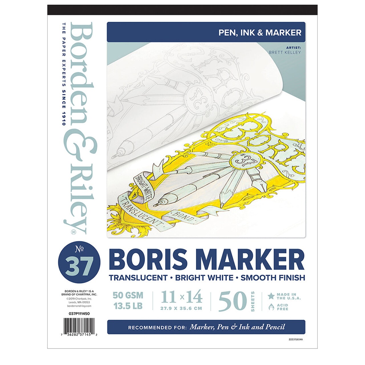 Borden & Riley #37 Boris Marker Layout Bright White Translucent Bond Paper Pad, 40 GSM/13.5 lb., 1 Pad Each 